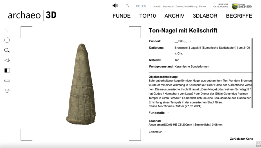 Ton-Nagel mit Keilschrift präsentiert auf archaeo|3D.